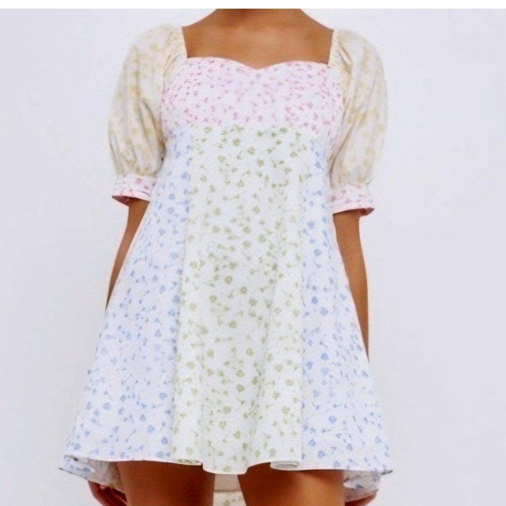English Factory Patchwork Mini Dress Sz XS Floral Puff Sleeve Boho Babydoll‎